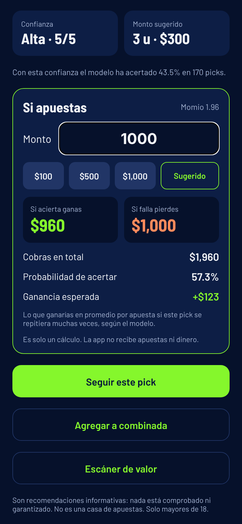 Calculadora: monto apostado, cuánto ganas, cuánto pierdes y ganancia esperada