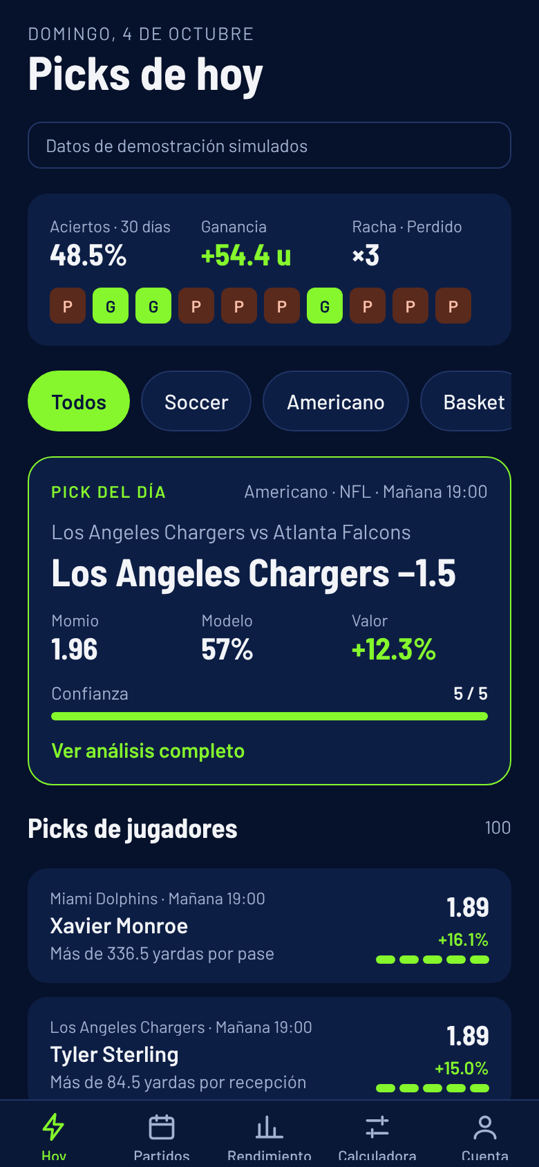 Pantalla de picks del día con momio, probabilidad del modelo, valor y confianza